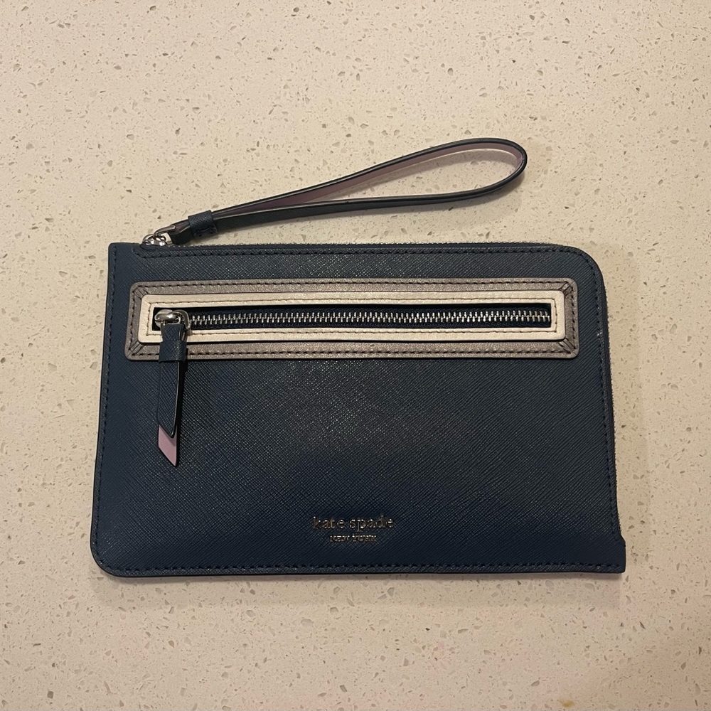 Kate Spade Reiley L-zip blue and lavender leather wristlet
